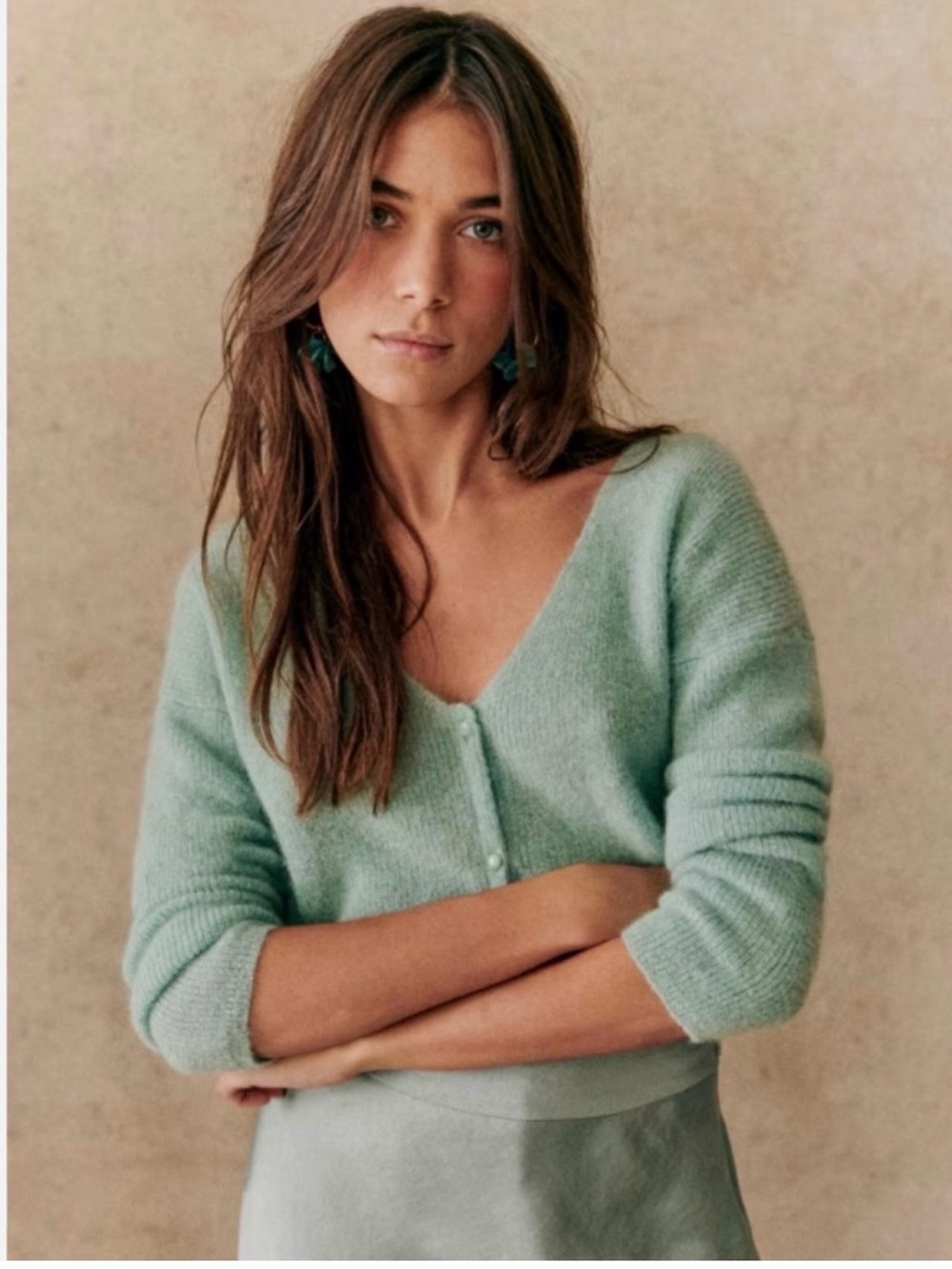 NWOT Sezane Barry Mint Green V-Neck Button Cardigan